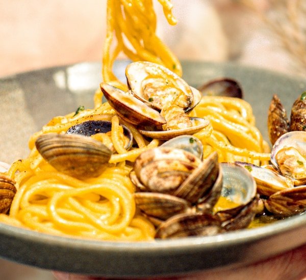 Gros plan sur les spaghetti aux palourdes de la Trattoria Bella