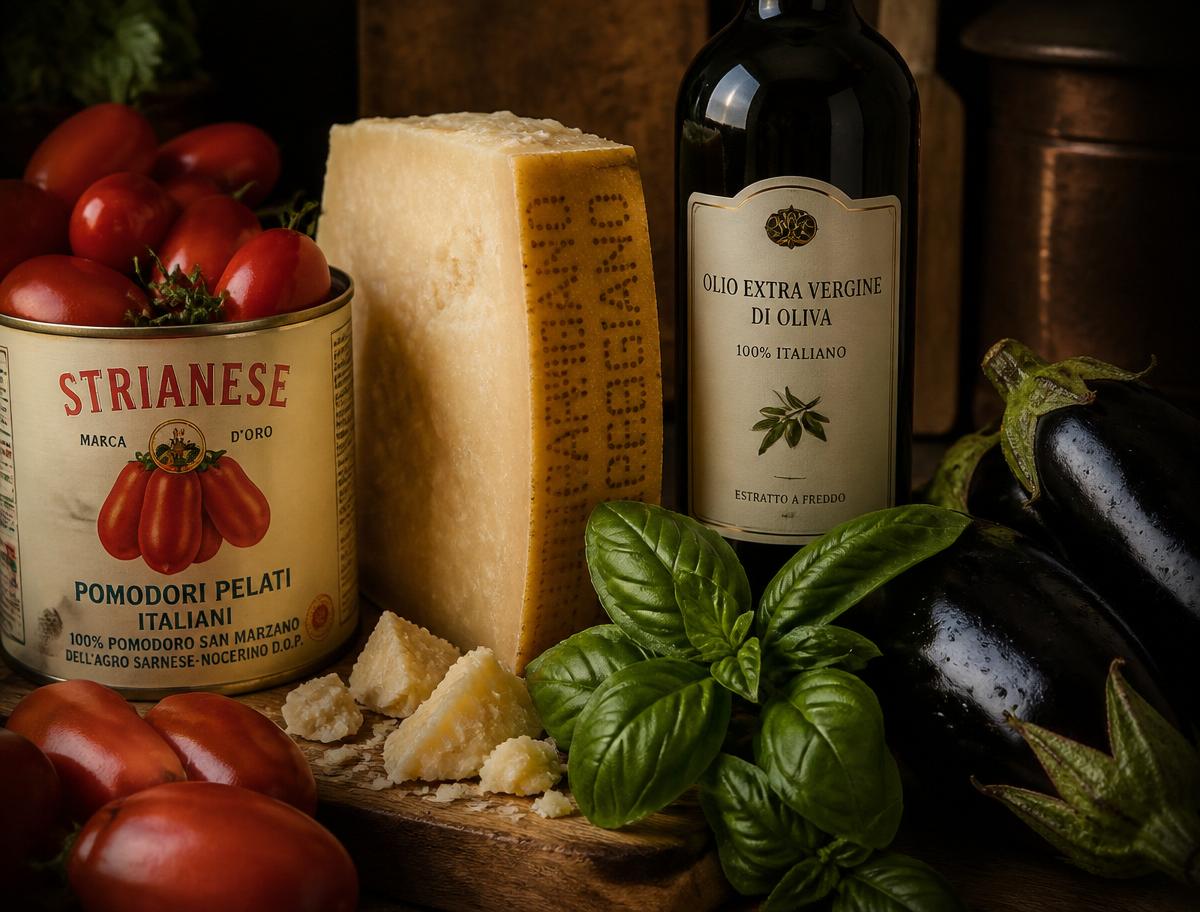 Produits italiens sélectionnés : tomates San Marzano, parmesan, huile d'olive